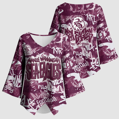 Manly Warringah Sea Eagles Rugby Kimono Sleeve Blouse Graffiti Typography Urban Camo Abstract Street Style