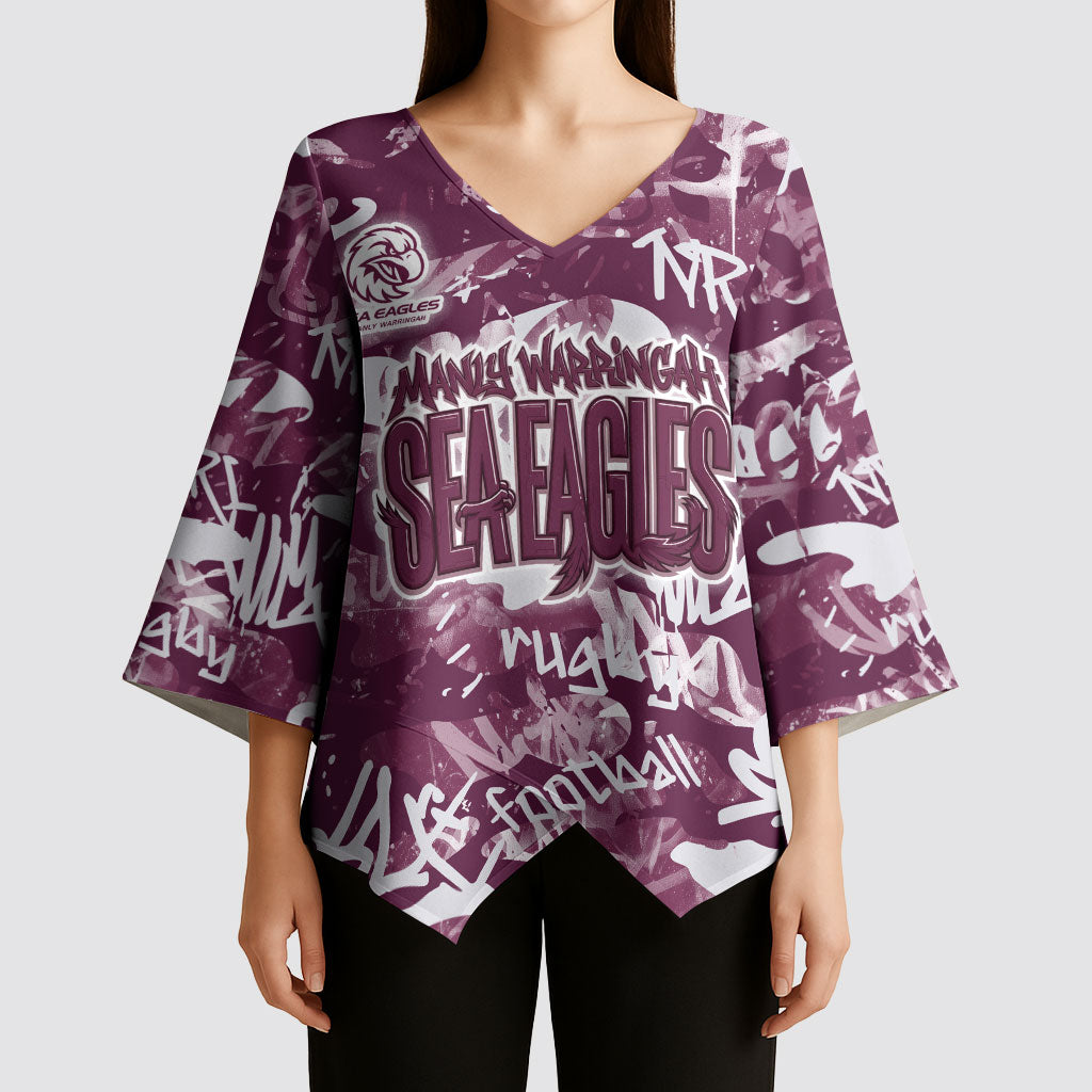Manly Warringah Sea Eagles Rugby Kimono Sleeve Blouse Graffiti Typography Urban Camo Abstract Street Style