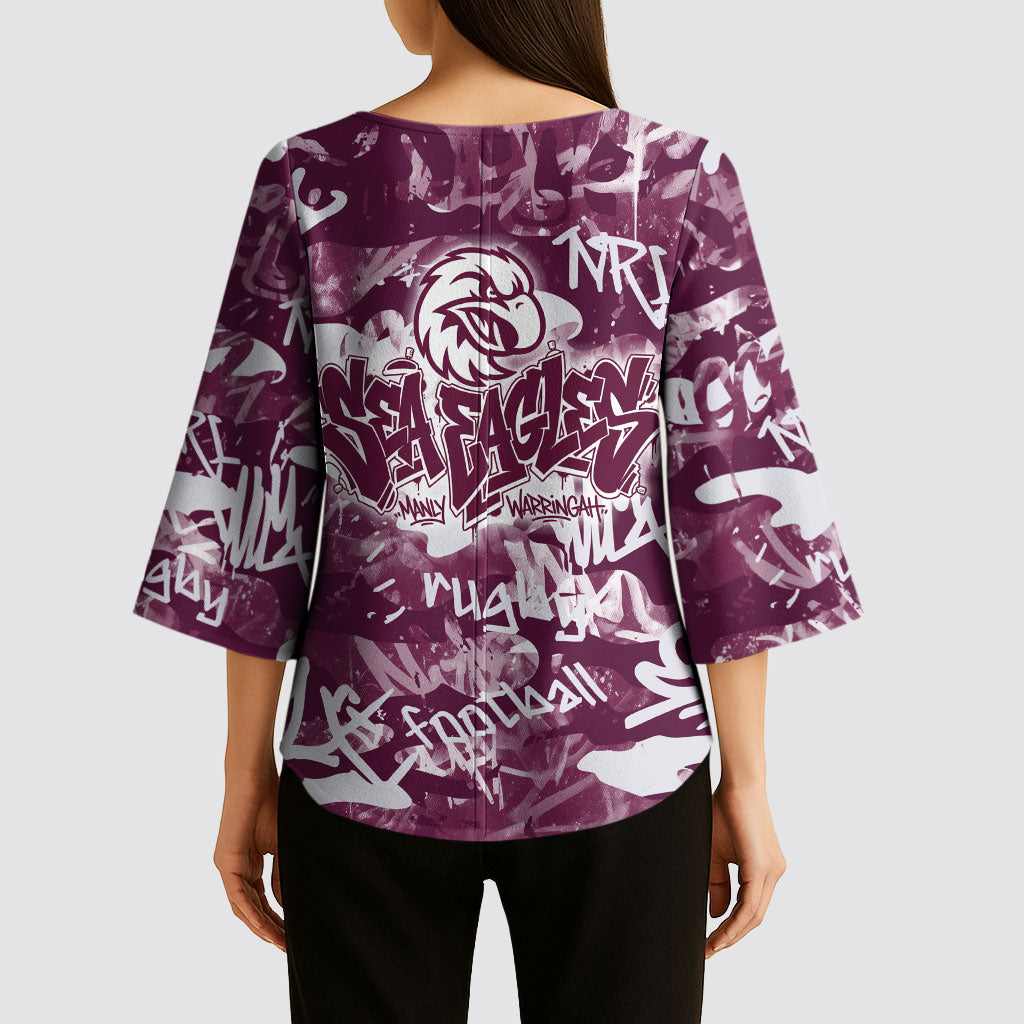 Manly Warringah Sea Eagles Rugby Kimono Sleeve Blouse Graffiti Typography Urban Camo Abstract Street Style