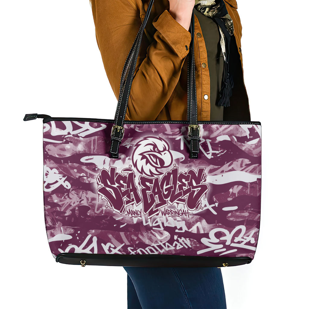 Manly Warringah Sea Eagles Rugby Leather Tote Bag Graffiti Typography Urban Camo Abstract Street Style