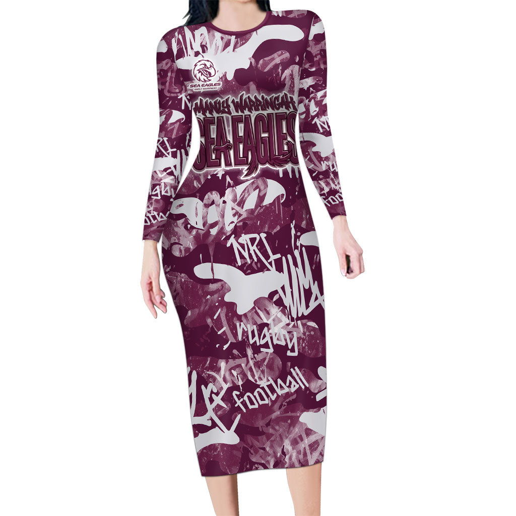 Manly Warringah Sea Eagles Rugby Long Sleeve Bodycon Dress Graffiti Typography Urban Camo Abstract Street Style