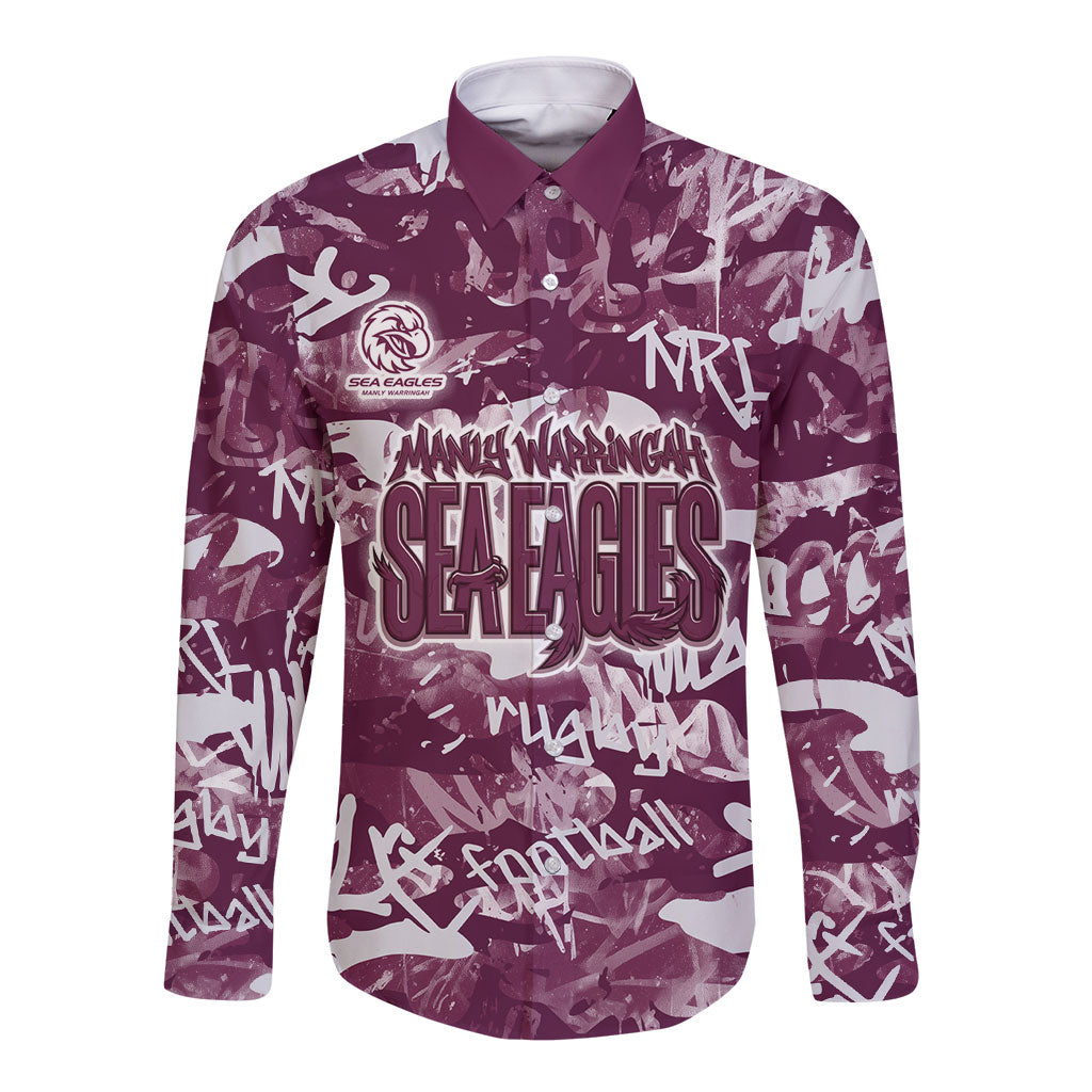 Manly Warringah Sea Eagles Rugby Long Sleeve Button Shirt Graffiti Typography Urban Camo Abstract Street Style