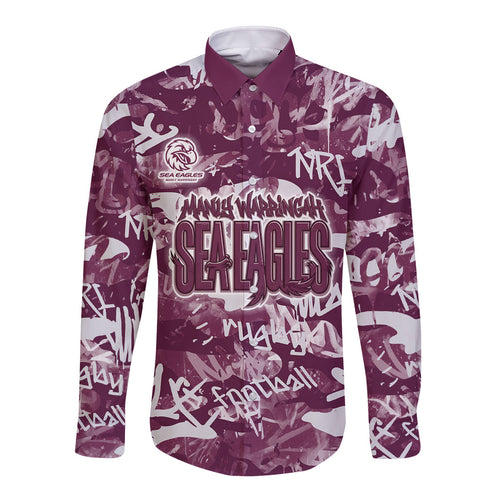 Manly Warringah Sea Eagles Rugby Long Sleeve Button Shirt Graffiti Typography Urban Camo Abstract Street Style