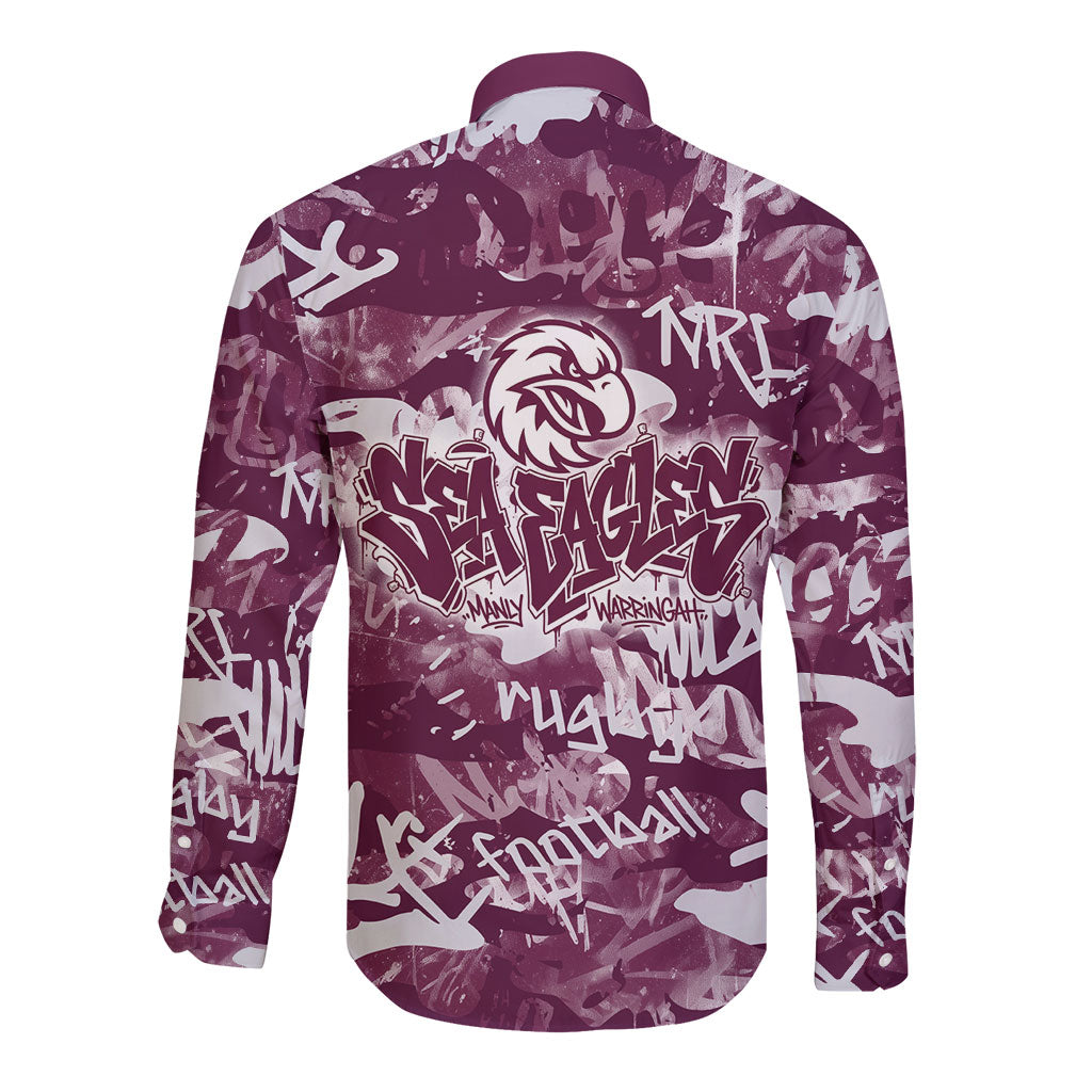 Manly Warringah Sea Eagles Rugby Long Sleeve Button Shirt Graffiti Typography Urban Camo Abstract Street Style