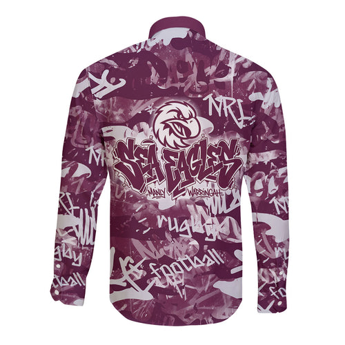 Manly Warringah Sea Eagles Rugby Long Sleeve Button Shirt Graffiti Typography Urban Camo Abstract Street Style