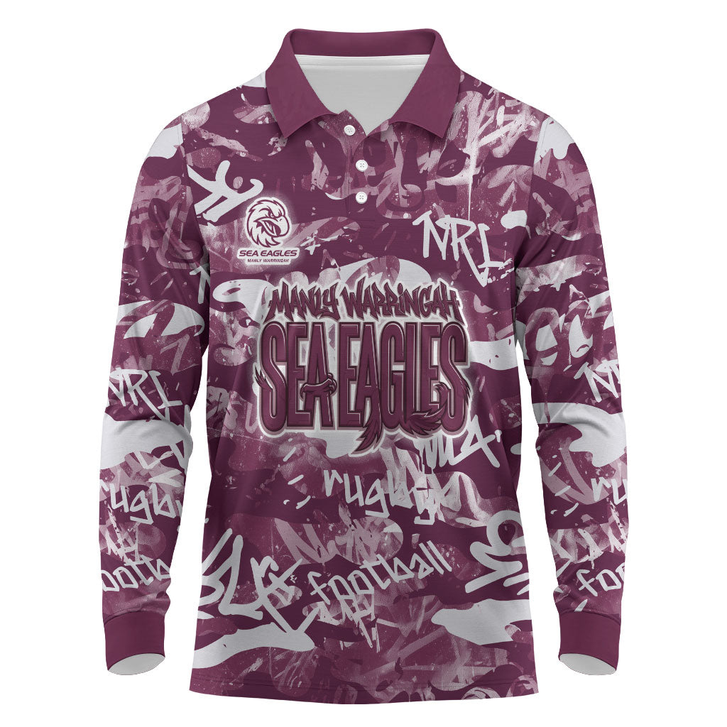 Manly Warringah Sea Eagles Rugby Long Sleeve Polo Shirt Graffiti Typography Urban Camo Abstract Street Style