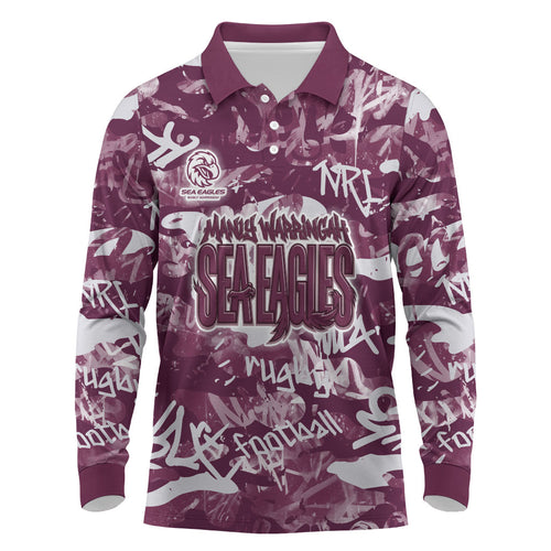Manly Warringah Sea Eagles Rugby Long Sleeve Polo Shirt Graffiti Typography Urban Camo Abstract Street Style