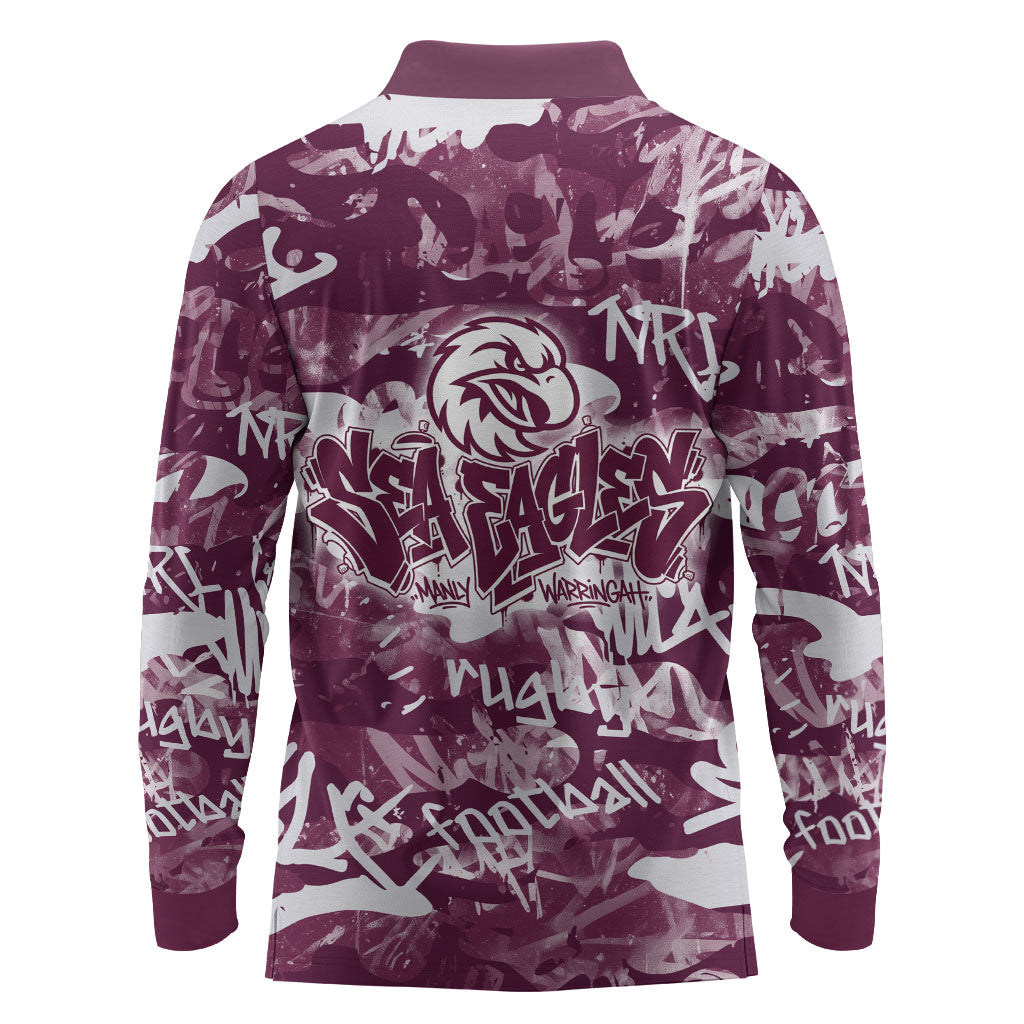 Manly Warringah Sea Eagles Rugby Long Sleeve Polo Shirt Graffiti Typography Urban Camo Abstract Street Style