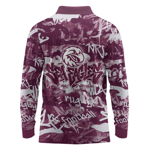Manly Warringah Sea Eagles Rugby Long Sleeve Polo Shirt Graffiti Typography Urban Camo Abstract Street Style