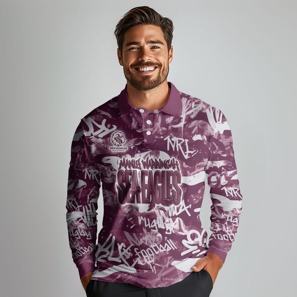 Manly Warringah Sea Eagles Rugby Long Sleeve Polo Shirt Graffiti Typography Urban Camo Abstract Street Style