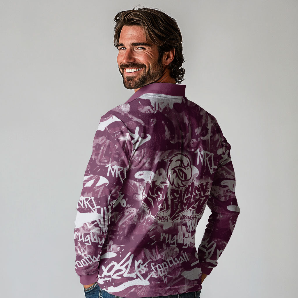 Manly Warringah Sea Eagles Rugby Long Sleeve Polo Shirt Graffiti Typography Urban Camo Abstract Street Style