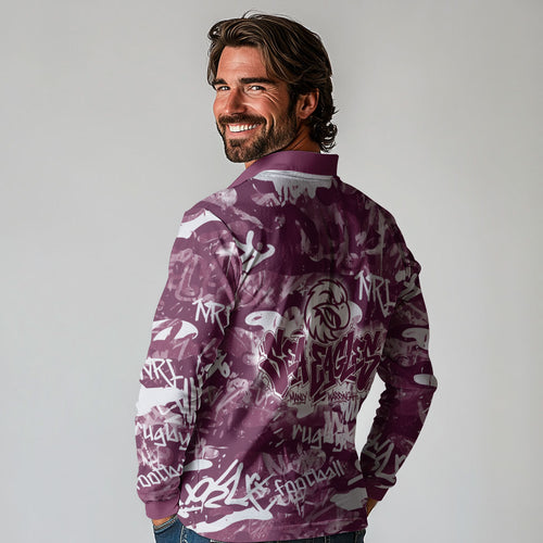 Manly Warringah Sea Eagles Rugby Long Sleeve Polo Shirt Graffiti Typography Urban Camo Abstract Street Style