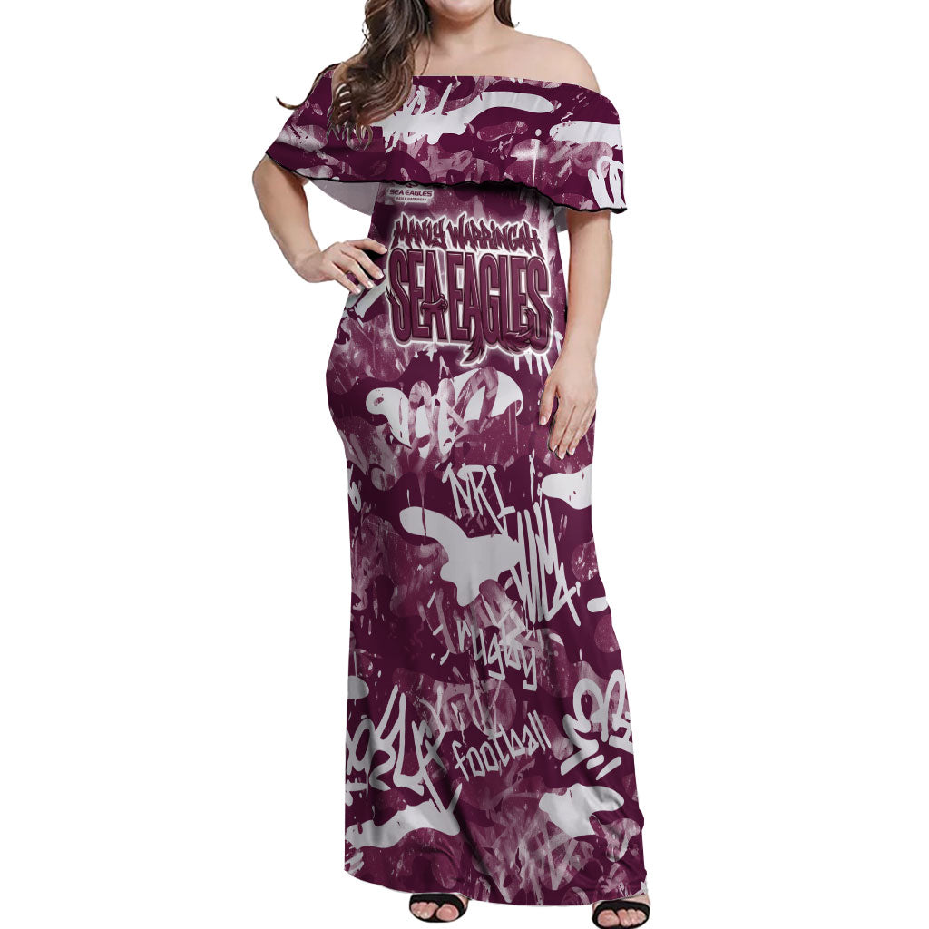 Manly Warringah Sea Eagles Rugby Off Shoulder Maxi Dress Graffiti Typography Urban Camo Abstract Street Style