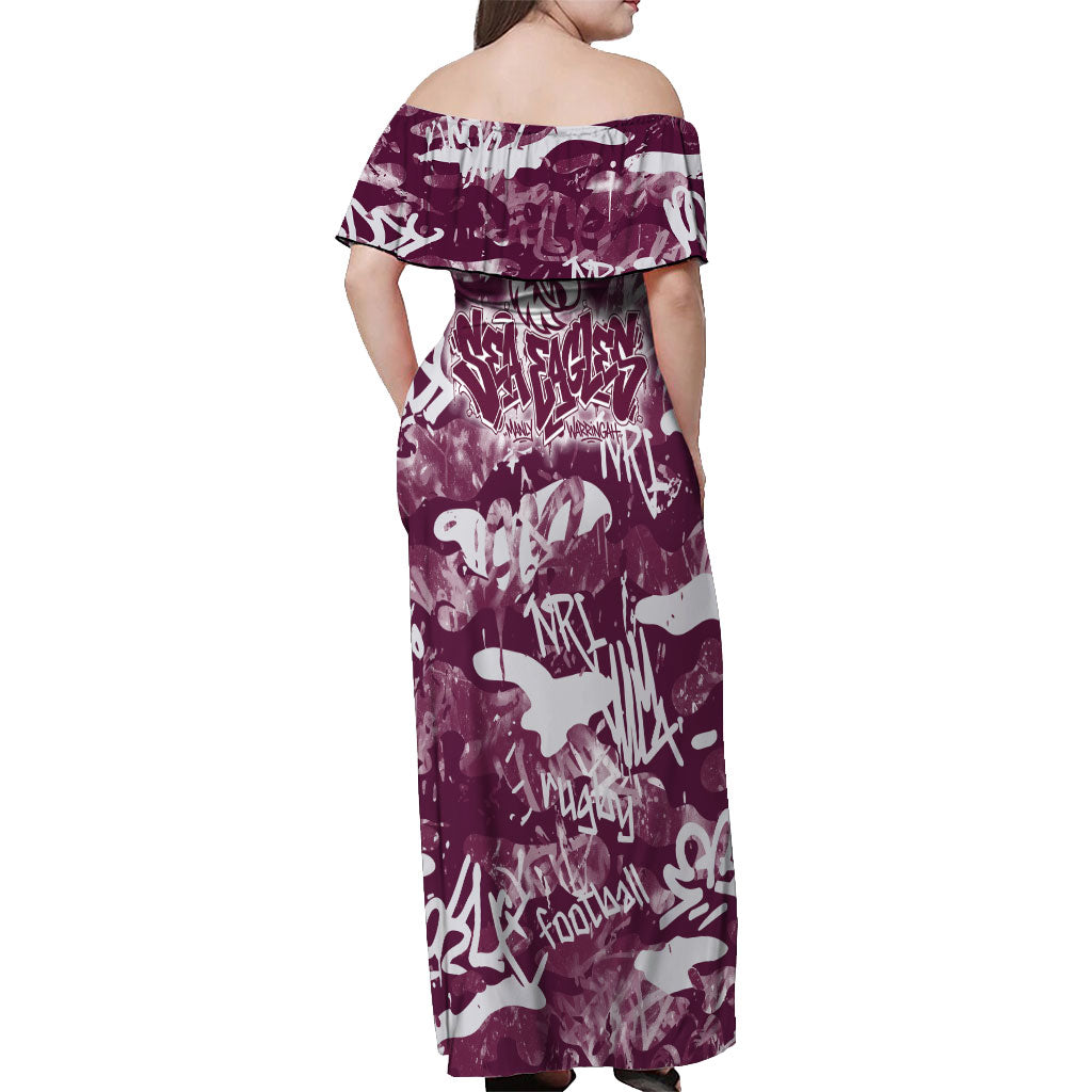 Manly Warringah Sea Eagles Rugby Off Shoulder Maxi Dress Graffiti Typography Urban Camo Abstract Street Style