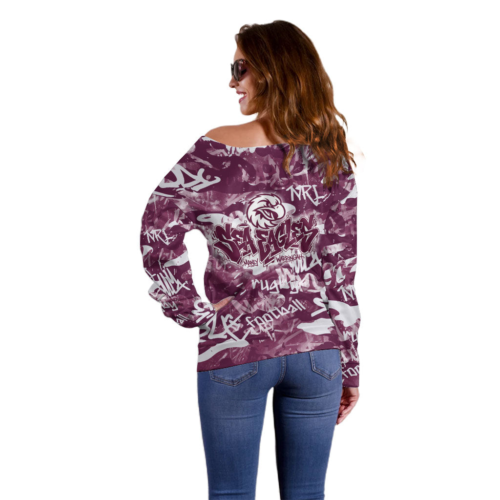 Manly Warringah Sea Eagles Rugby Off Shoulder Sweater Graffiti Typography Urban Camo Abstract Street Style