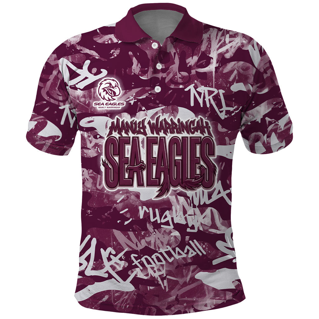 Manly Warringah Sea Eagles Rugby Polo Shirt Graffiti Typography Urban Camo Abstract Street Style