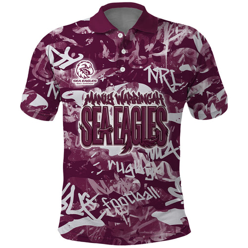 Manly Warringah Sea Eagles Rugby Polo Shirt Graffiti Typography Urban Camo Abstract Street Style
