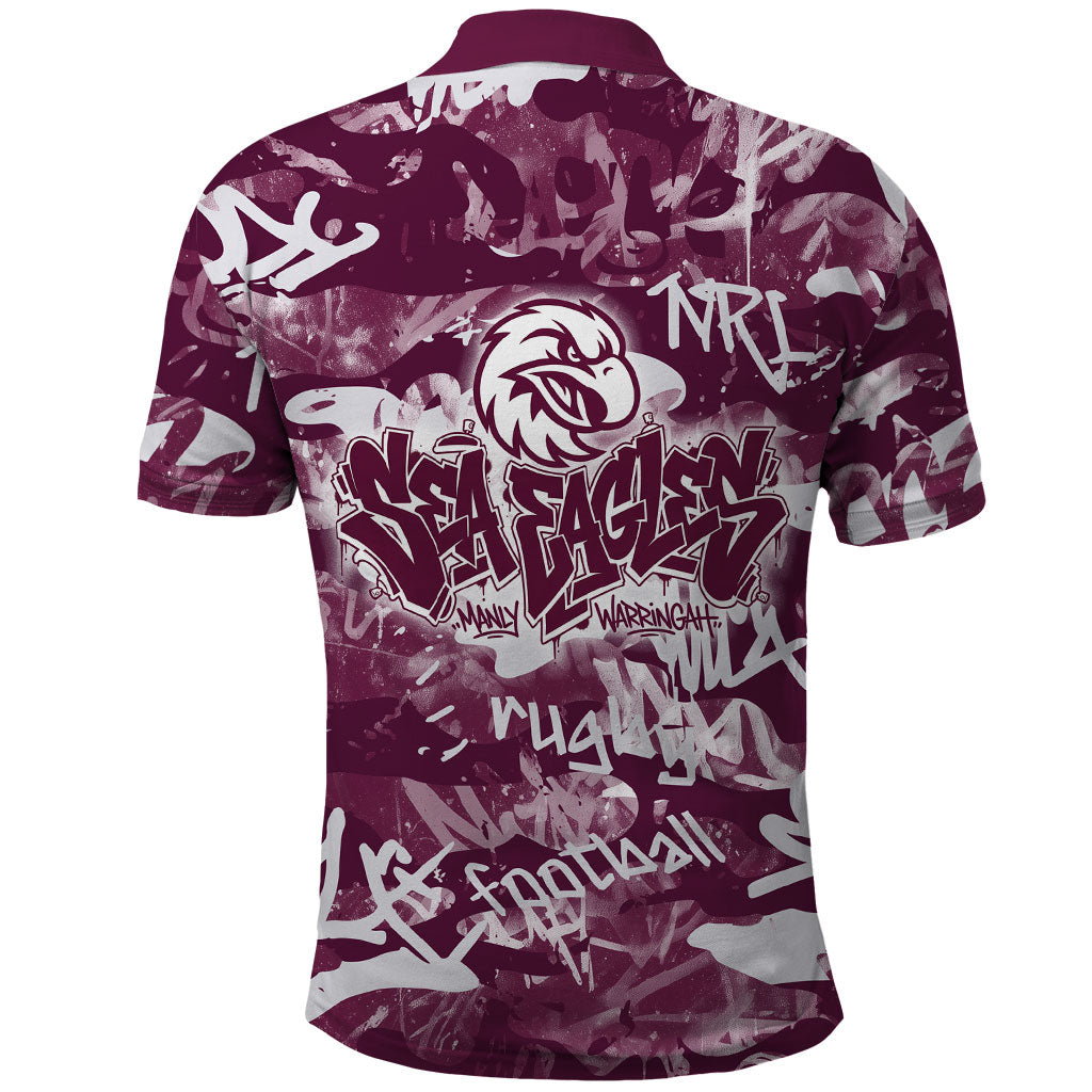Manly Warringah Sea Eagles Rugby Polo Shirt Graffiti Typography Urban Camo Abstract Street Style
