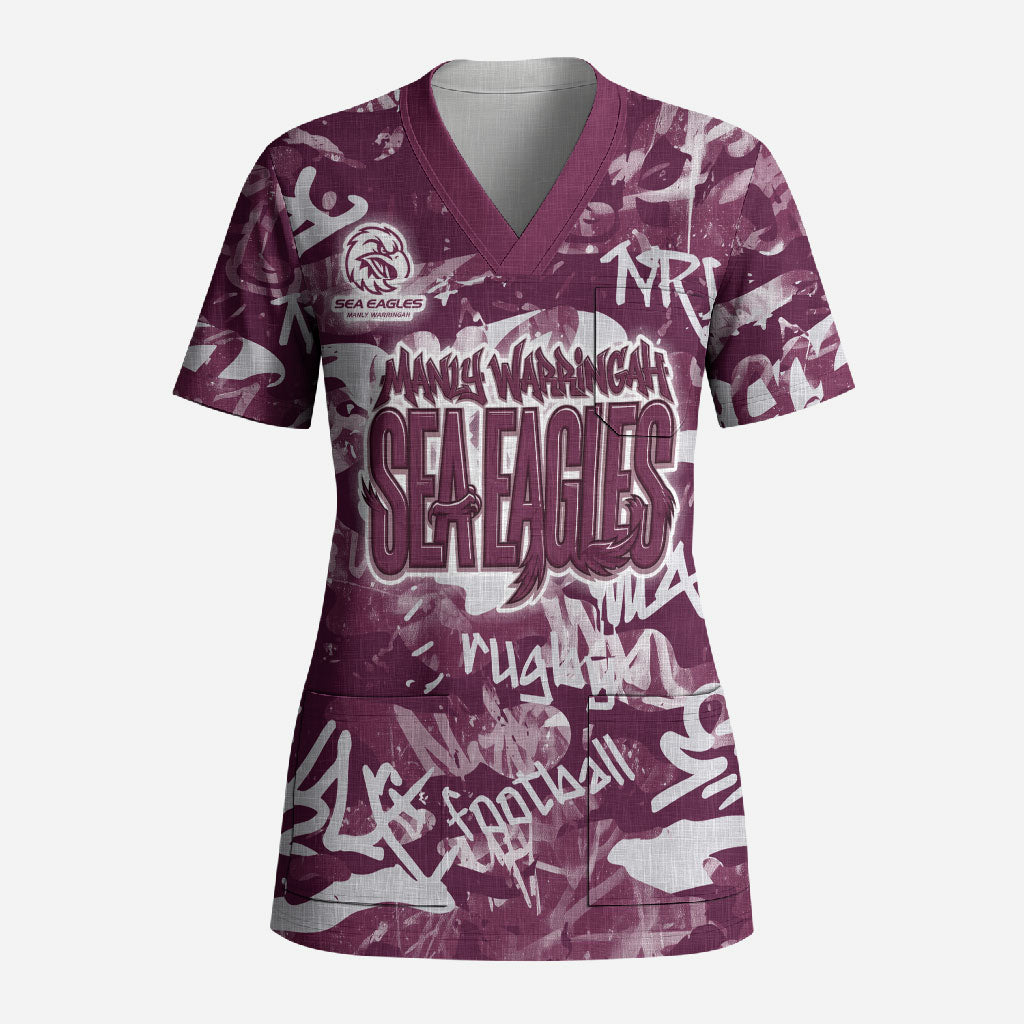 Manly Warringah Sea Eagles Rugby Scrub Top Graffiti Typography Urban Camo Abstract Street Style