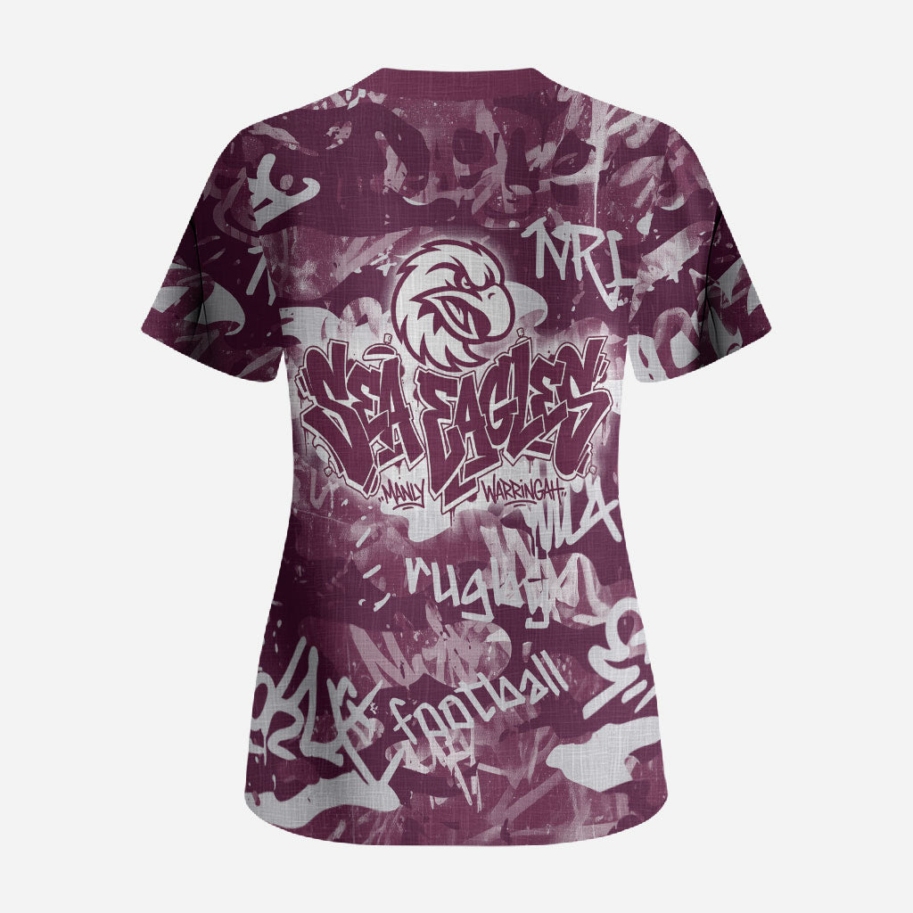 Manly Warringah Sea Eagles Rugby Scrub Top Graffiti Typography Urban Camo Abstract Street Style