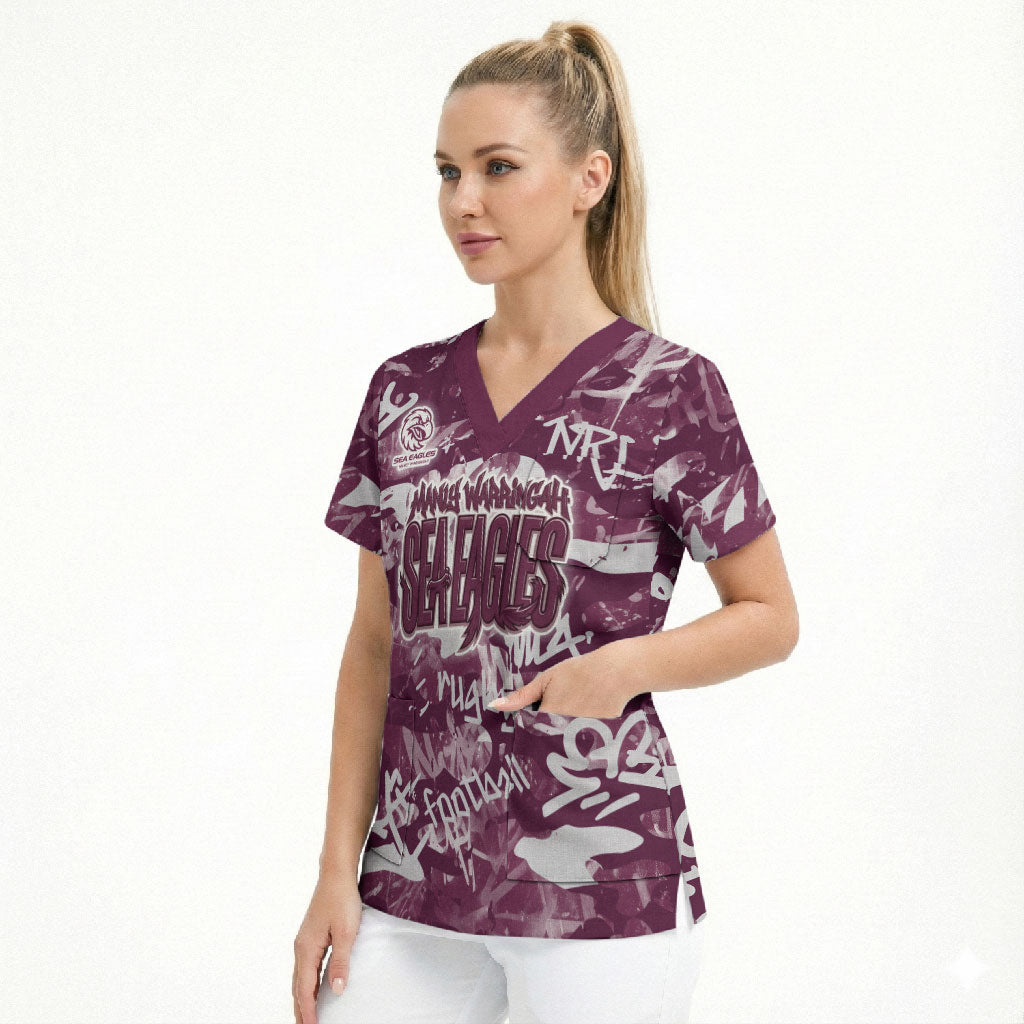 Manly Warringah Sea Eagles Rugby Scrub Top Graffiti Typography Urban Camo Abstract Street Style