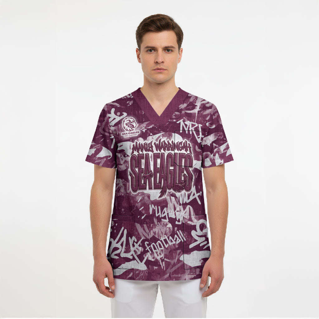 Manly Warringah Sea Eagles Rugby Scrub Top Graffiti Typography Urban Camo Abstract Street Style