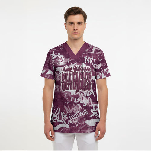 Manly Warringah Sea Eagles Rugby Scrub Top Graffiti Typography Urban Camo Abstract Street Style