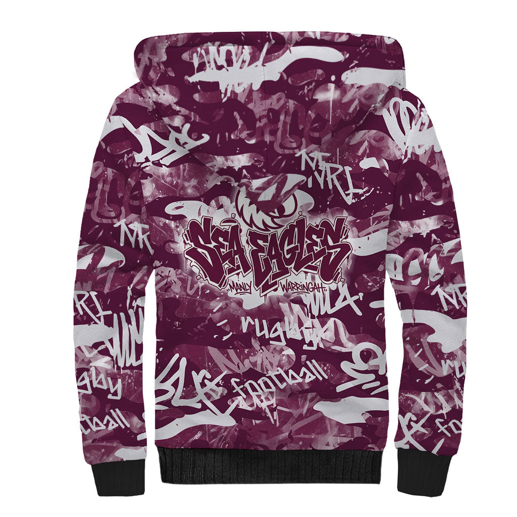 Manly Warringah Sea Eagles Rugby Sherpa Hoodie Graffiti Typography Urban Camo Abstract Street Style