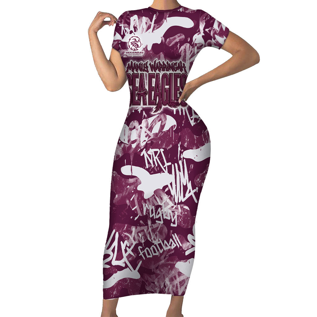Manly Warringah Sea Eagles Rugby Short Sleeve Bodycon Dress Graffiti Typography Urban Camo Abstract Street Style