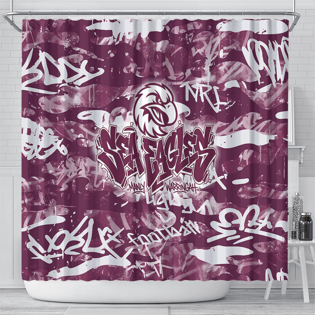 Manly Warringah Sea Eagles Rugby Shower Curtain Graffiti Typography Urban Camo Abstract Street Style