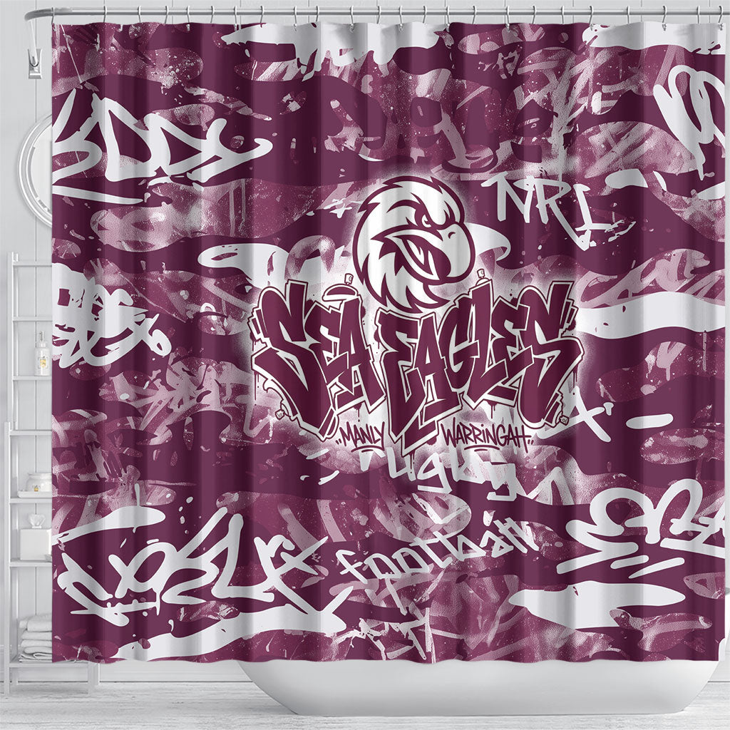 Manly Warringah Sea Eagles Rugby Shower Curtain Graffiti Typography Urban Camo Abstract Street Style