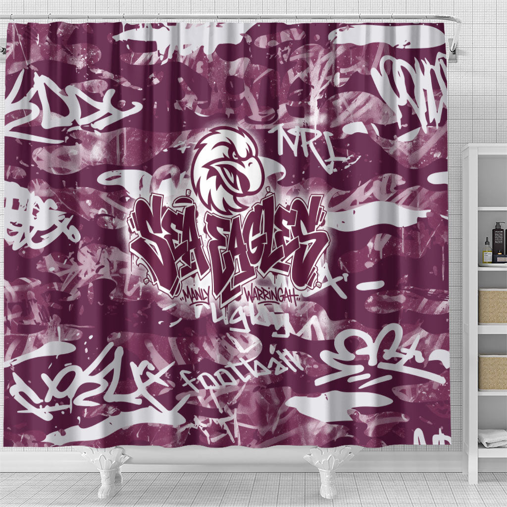 Manly Warringah Sea Eagles Rugby Shower Curtain Graffiti Typography Urban Camo Abstract Street Style