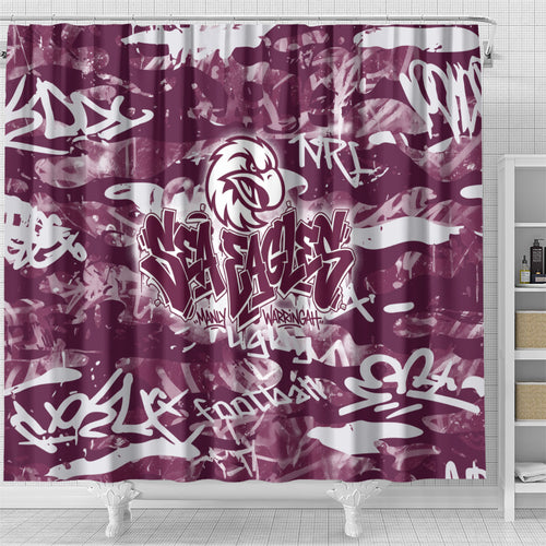 Manly Warringah Sea Eagles Rugby Shower Curtain Graffiti Typography Urban Camo Abstract Street Style