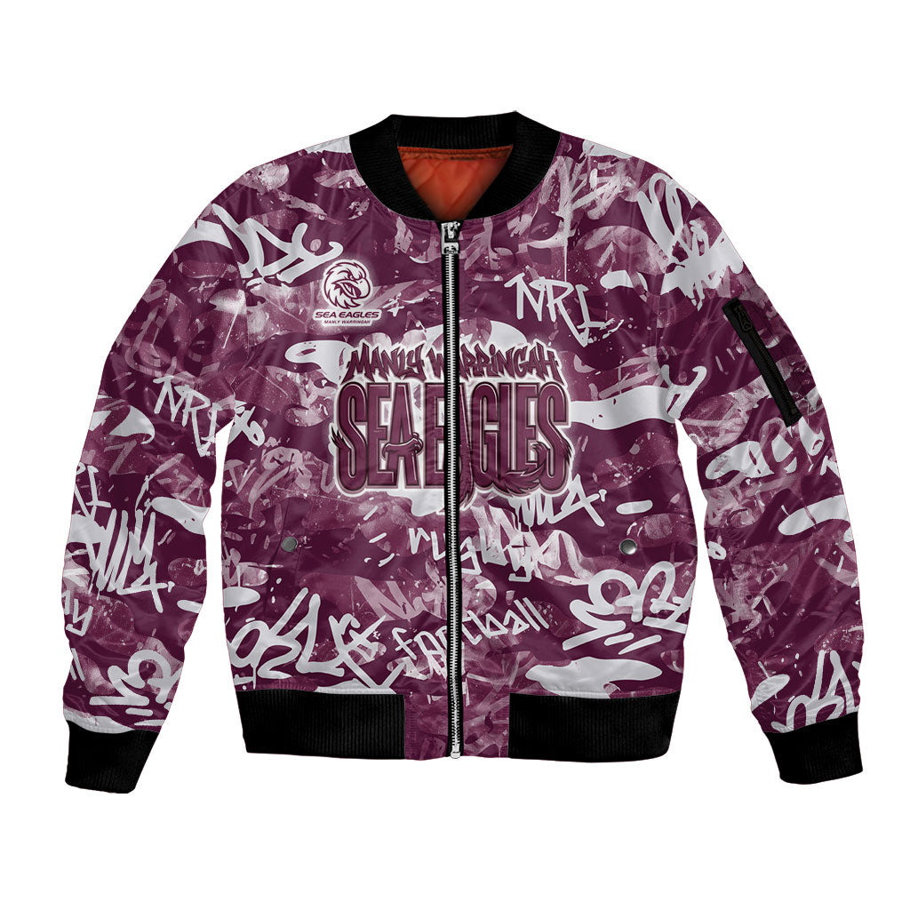 Manly Warringah Sea Eagles Rugby Sleeve Zip Bomber Jacket Graffiti Typography Urban Camo Abstract Street Style