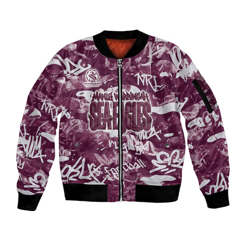 Manly Warringah Sea Eagles Rugby Sleeve Zip Bomber Jacket Graffiti Typography Urban Camo Abstract Street Style