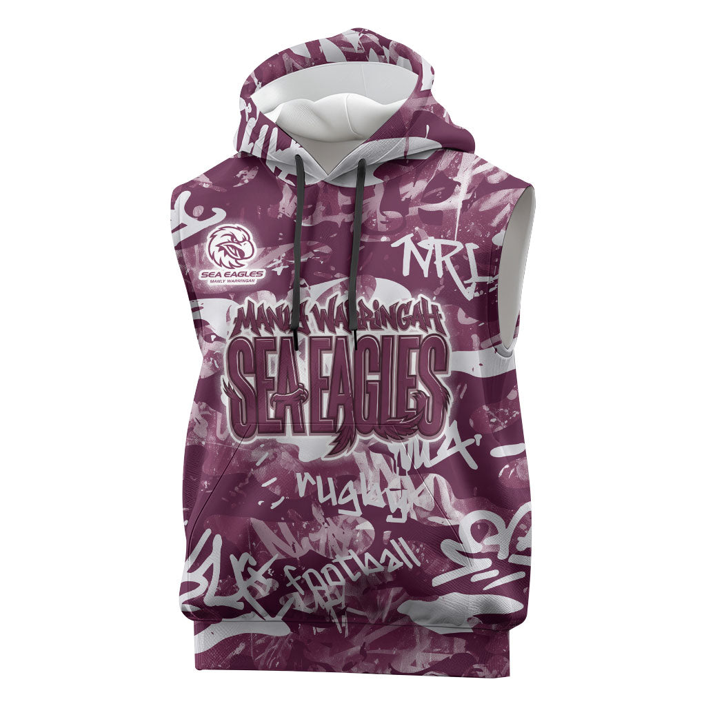 Manly Warringah Sea Eagles Rugby Sleeveless Hoodie Graffiti Typography Urban Camo Abstract Street Style
