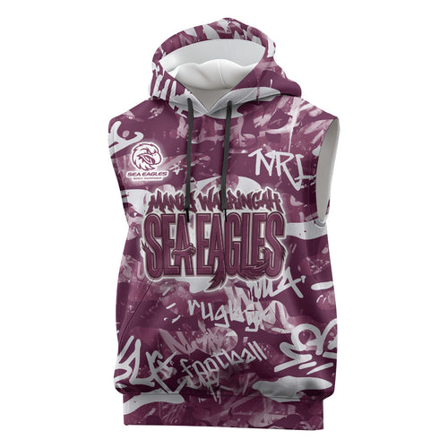 Manly Warringah Sea Eagles Rugby Sleeveless Hoodie Graffiti Typography Urban Camo Abstract Street Style