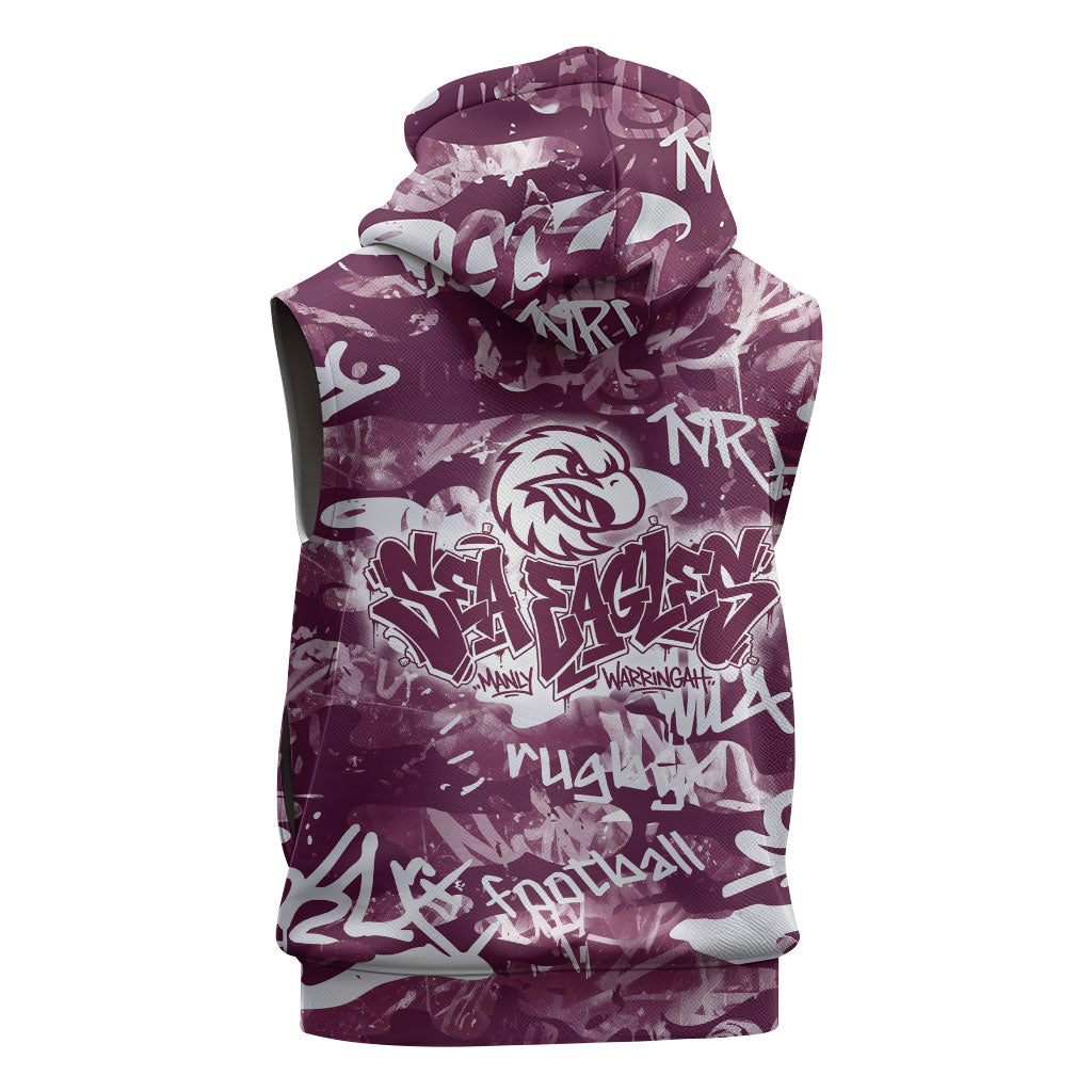 Manly Warringah Sea Eagles Rugby Sleeveless Hoodie Graffiti Typography Urban Camo Abstract Street Style