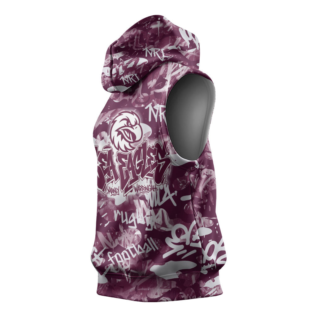 Manly Warringah Sea Eagles Rugby Sleeveless Hoodie Graffiti Typography Urban Camo Abstract Street Style