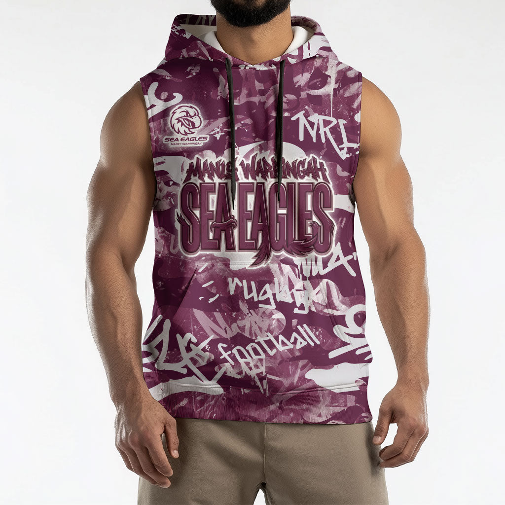 Manly Warringah Sea Eagles Rugby Sleeveless Hoodie Graffiti Typography Urban Camo Abstract Street Style