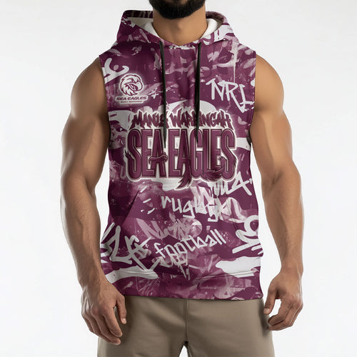 Manly Warringah Sea Eagles Rugby Sleeveless Hoodie Graffiti Typography Urban Camo Abstract Street Style