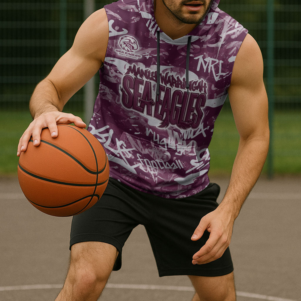 Manly Warringah Sea Eagles Rugby Sleeveless Hoodie Graffiti Typography Urban Camo Abstract Street Style