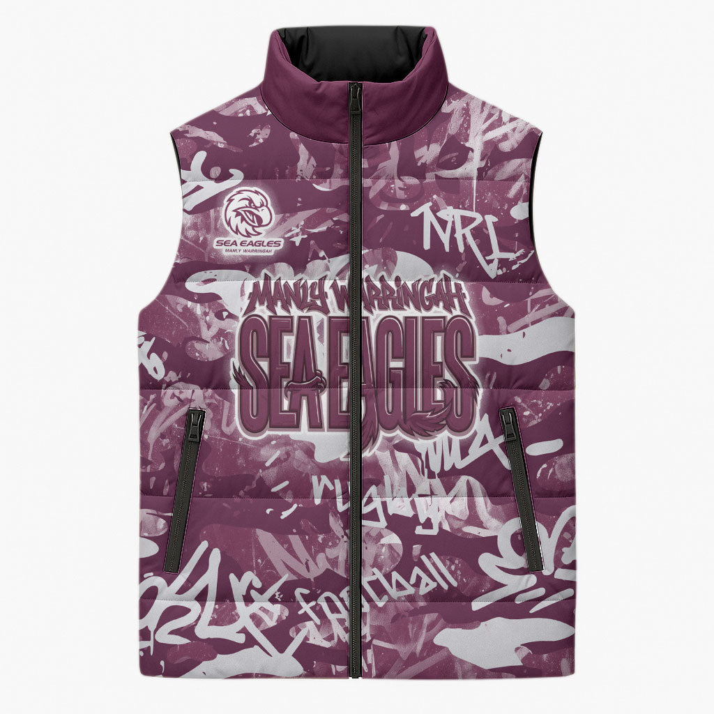 Manly Warringah Sea Eagles Rugby Sleeveless Puffer Jacket Graffiti Typography Urban Camo Abstract Street Style