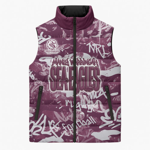 Manly Warringah Sea Eagles Rugby Sleeveless Puffer Jacket Graffiti Typography Urban Camo Abstract Street Style