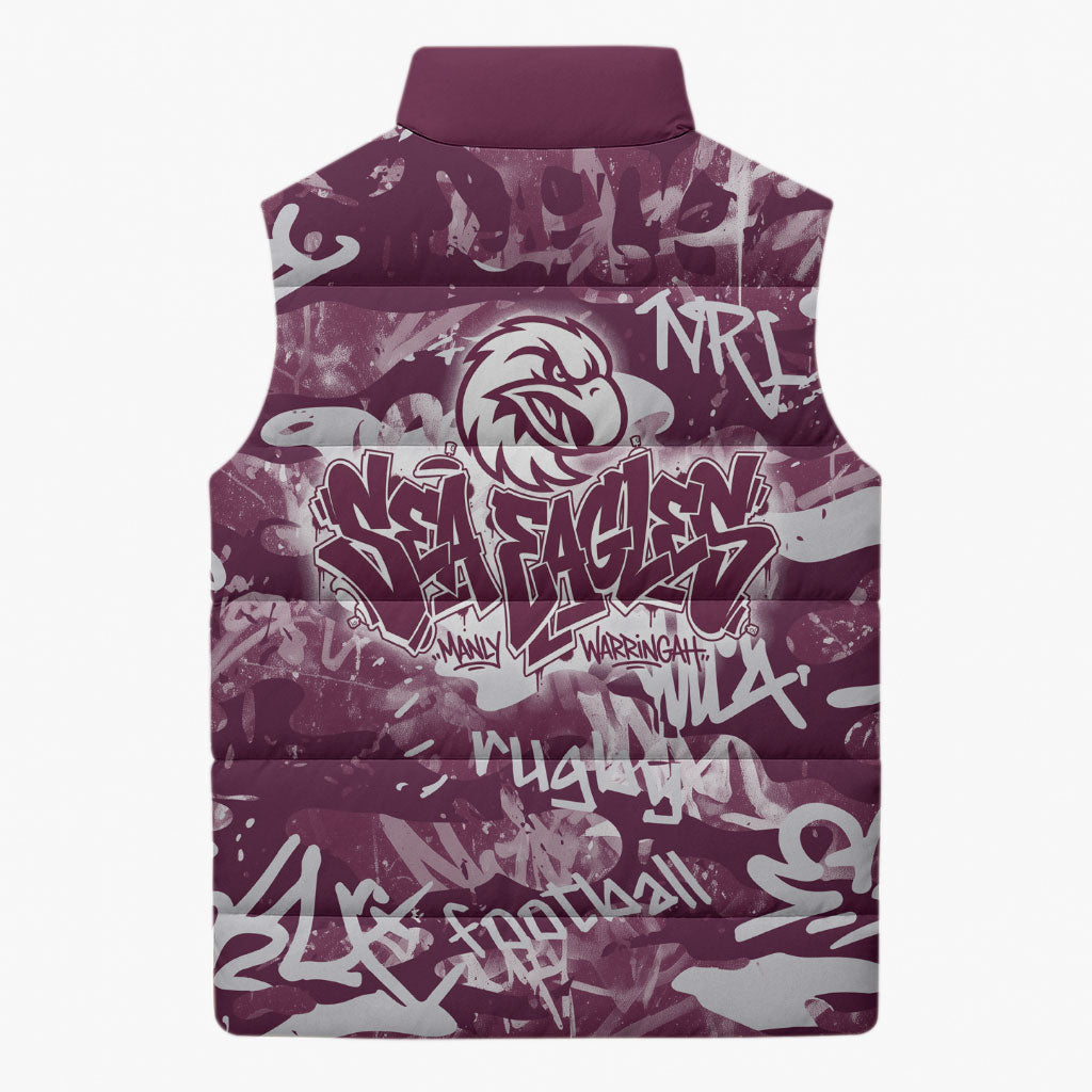Manly Warringah Sea Eagles Rugby Sleeveless Puffer Jacket Graffiti Typography Urban Camo Abstract Street Style