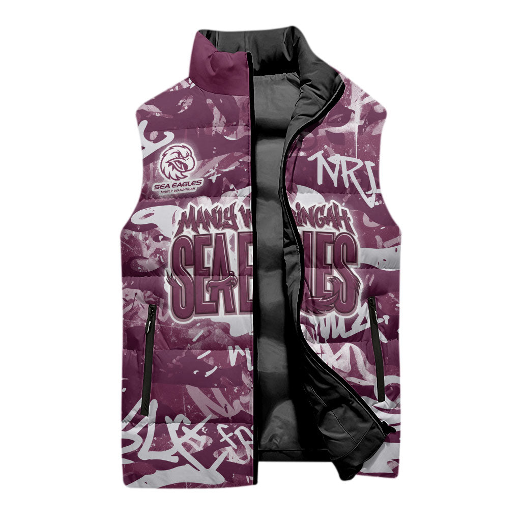 Manly Warringah Sea Eagles Rugby Sleeveless Puffer Jacket Graffiti Typography Urban Camo Abstract Street Style