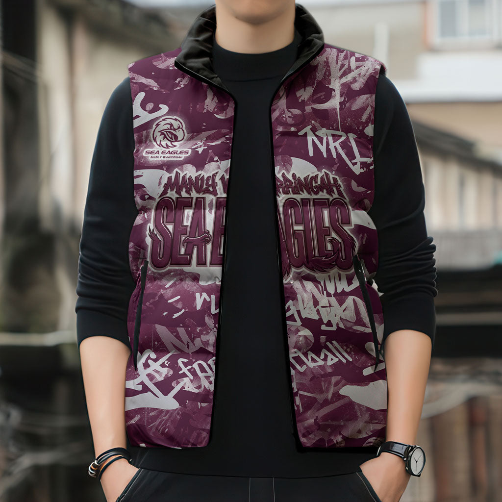 Manly Warringah Sea Eagles Rugby Sleeveless Puffer Jacket Graffiti Typography Urban Camo Abstract Street Style
