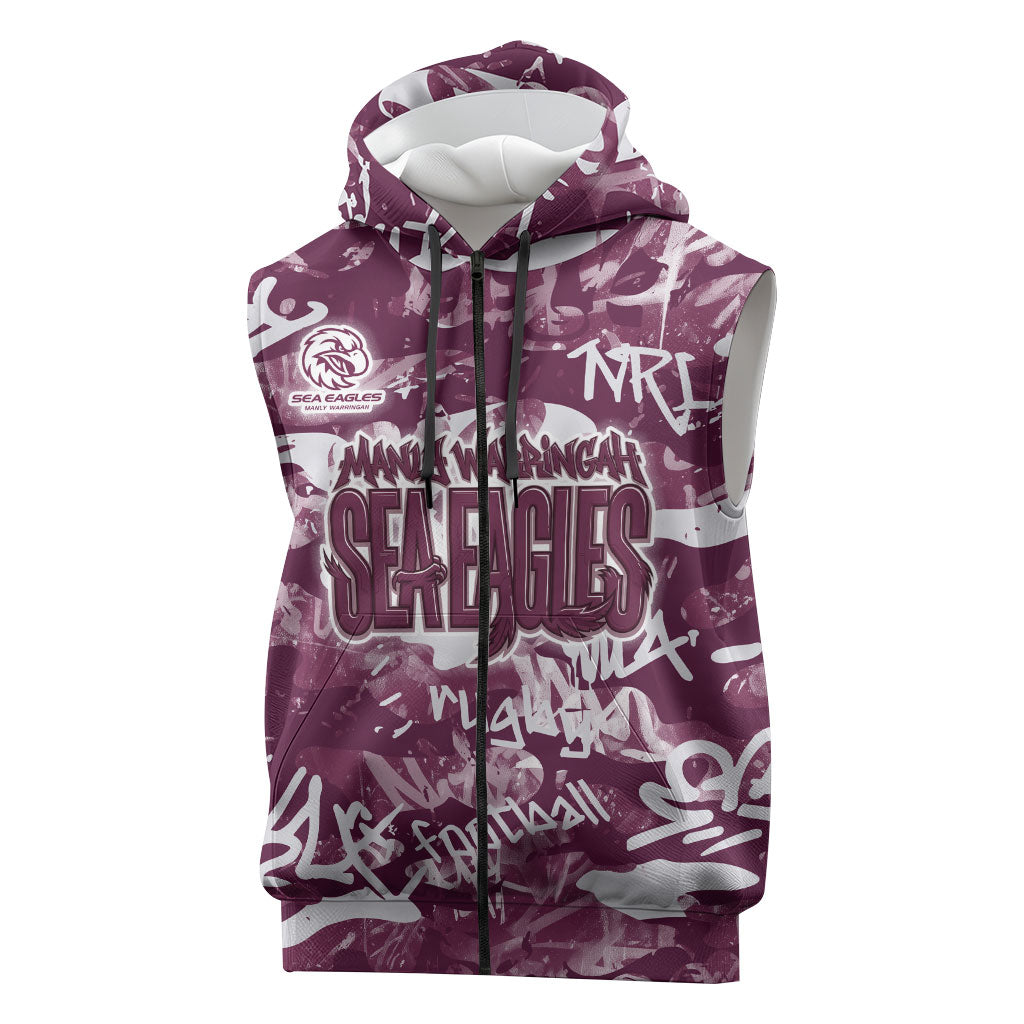 Manly Warringah Sea Eagles Rugby Sleeveless Zip Hoodie Graffiti Typography Urban Camo Abstract Street Style
