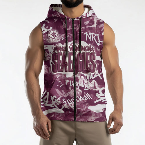 Manly Warringah Sea Eagles Rugby Sleeveless Zip Hoodie Graffiti Typography Urban Camo Abstract Street Style