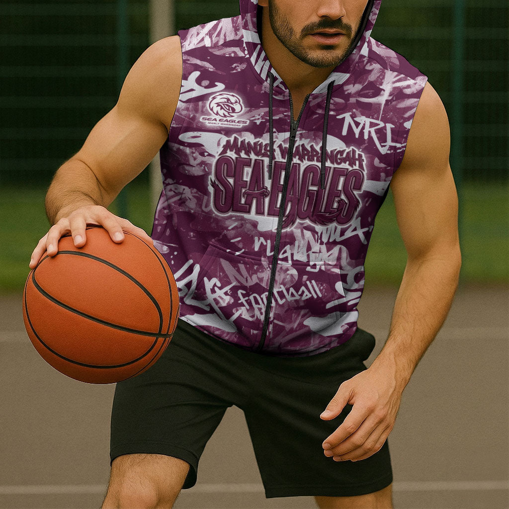 Manly Warringah Sea Eagles Rugby Sleeveless Zip Hoodie Graffiti Typography Urban Camo Abstract Street Style